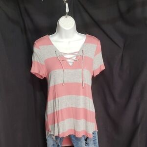 Rue 21. Women's Pink and Gray Striped Lace-Up T-Shirt. Size M  GUC